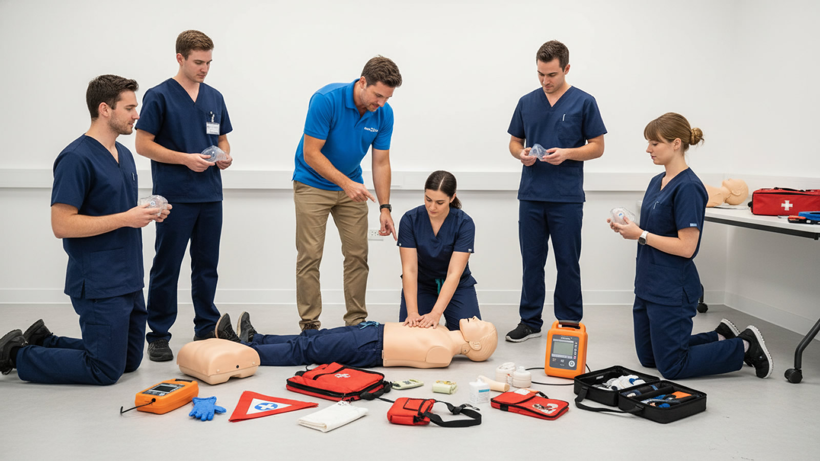 First aid instructor teaching CPR and emergency response in professional classroom environment